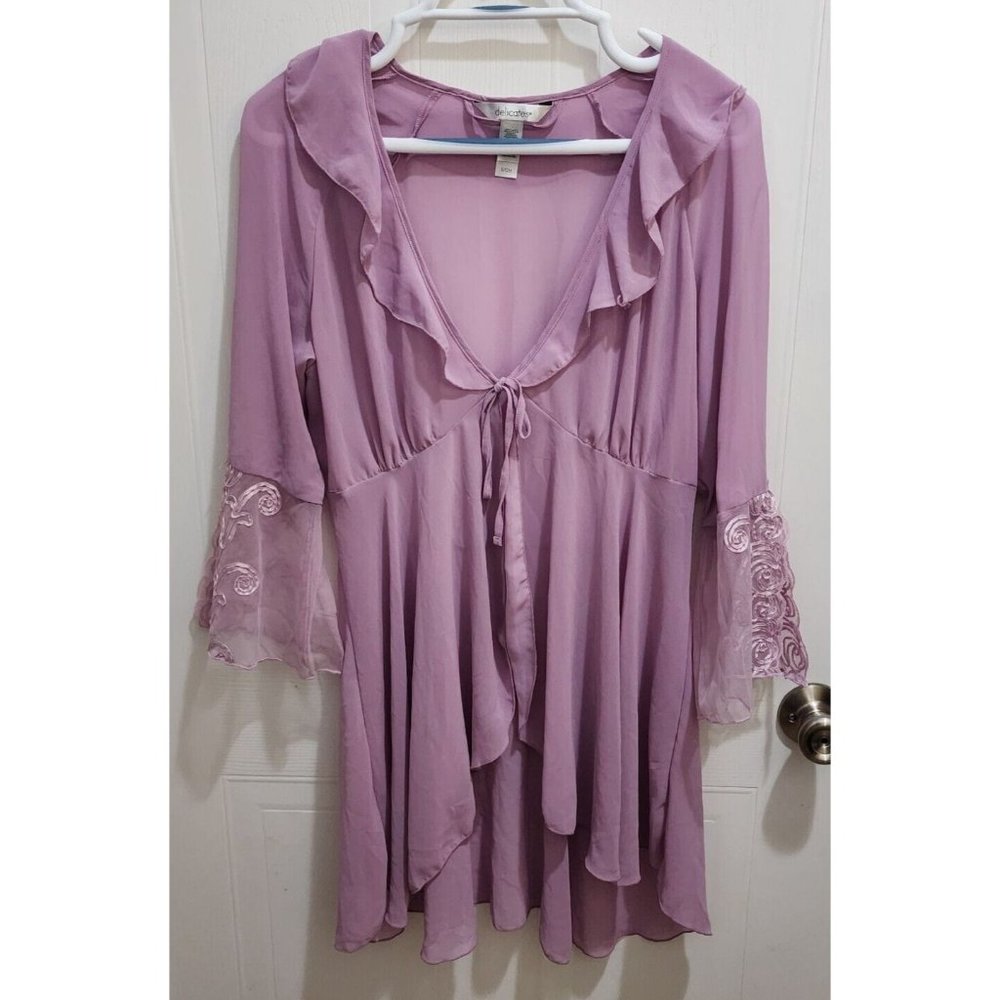 NEW Delicates Women's Tie Front Sheer Long Sleeve Robe Ruffles Purple Size Small